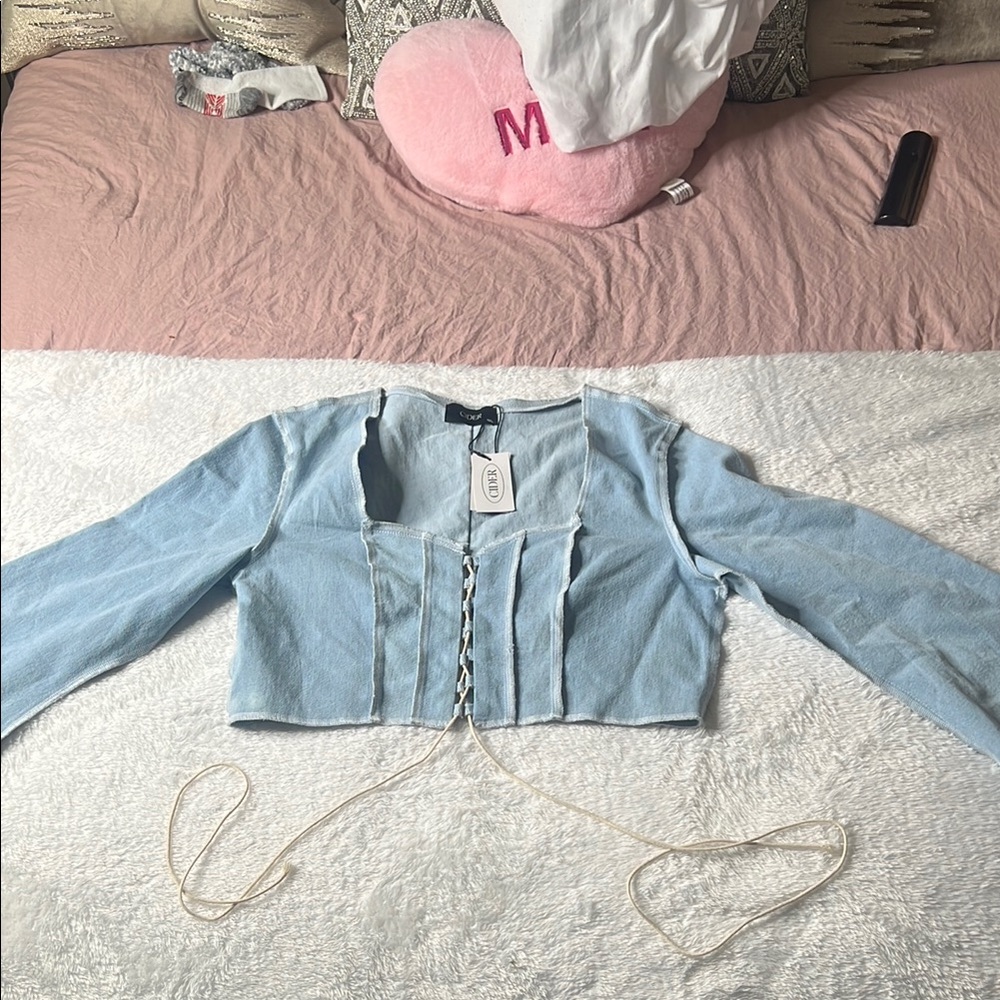 Light Blue denim Long Sleeve boho Crop Top